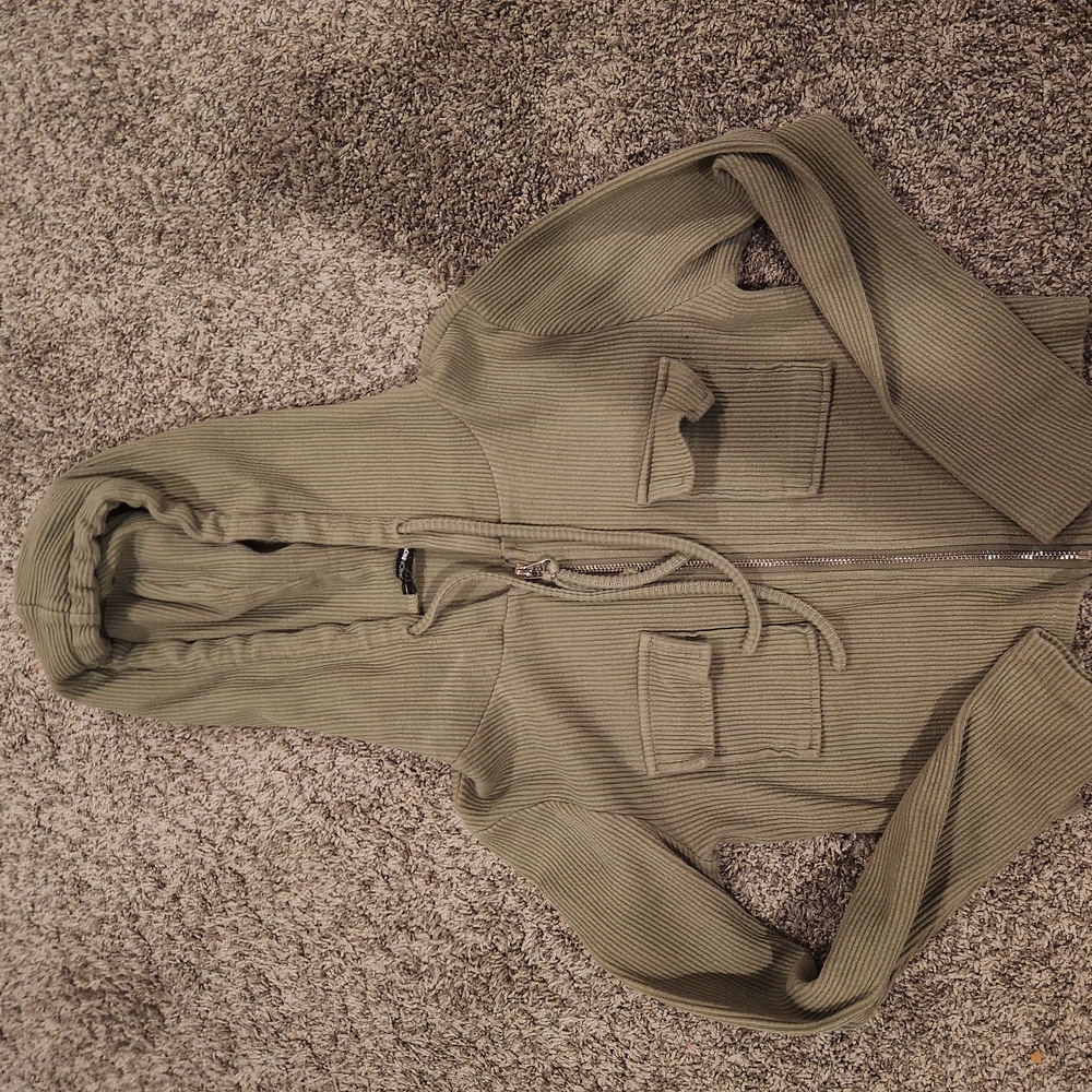 Olive Green Ribbed Hoodie